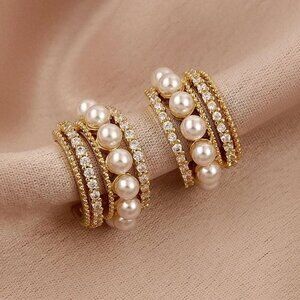 Gold  Pearl Hoop Earrings CZ Diamond Hoops Wedding Party Hoop Earrings